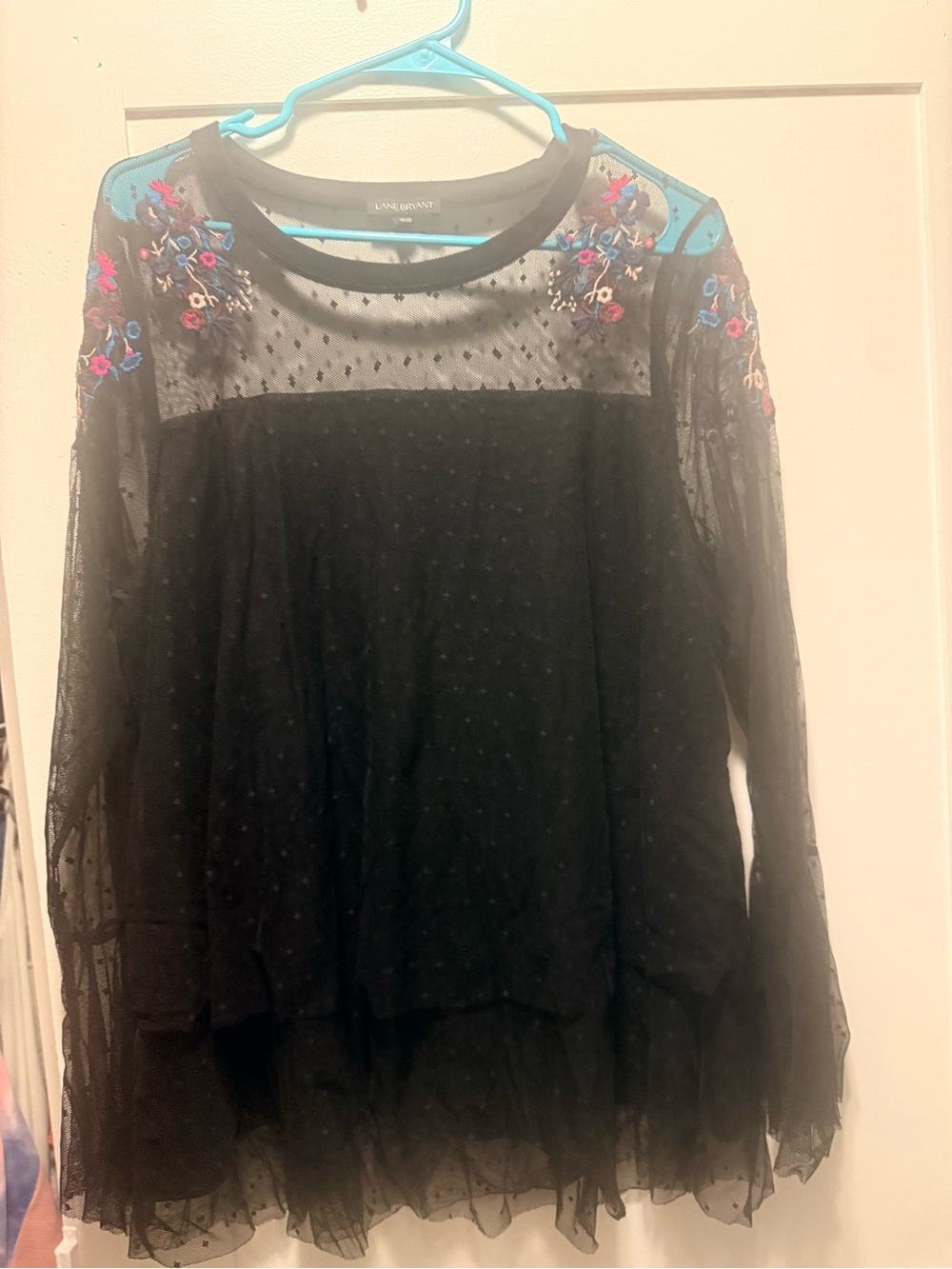Lane Bryant Black Sheer Mesh Blouse with Floral Embroidery
